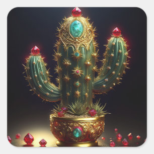 Gouden Saguaro Cactus Met Ingelegde Robijnen Vierkante Sticker