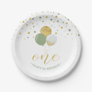 Gouden & Salie Confetti Ballonnen 1e Verjaardagsfe Papieren Bordje