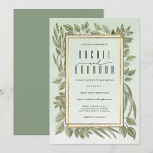 Gouden Salie Groen Groen Waterverf Bruiloft Kaart