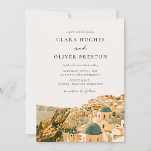 Gouden Santorini Caldera Dorps Watercolor Bruiloft Kaart