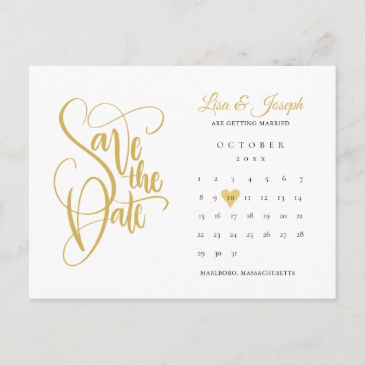 Gouden Sava de datum kalender liefde hart ansichtk Aankondigingskaart (Voorkant)