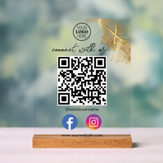 Gouden schaar Metalen Visitekaartje met QR-code Acryl Bord (Neutraal)