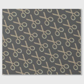 Gouden schaarpatroon donkergrijs cadeaupapier (Vlak)