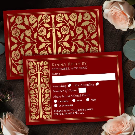 Gouden Scharlaken Middeleeuwse Zwaard Huwelijks RS RSVP Kaartje