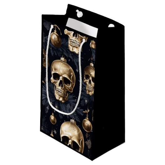 Gouden schedel geschenk tas (zwart) klein cadeauzakje (Voorkant Gekanteld)