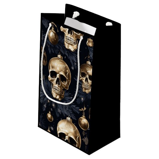 Gouden schedel geschenk tas (zwart) klein cadeauzakje (Achterkant Gekanteld)