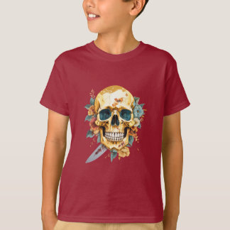 Gouden schedel met mes en bloem t-shirt