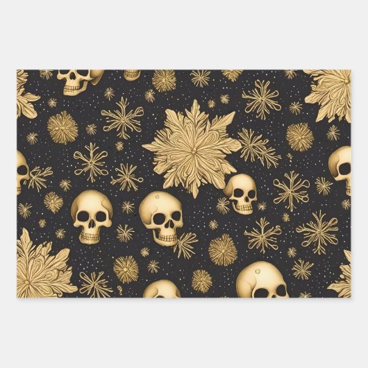 Gouden schedels en sneeuwvlokken Gotische Kerstmis Inpakpapier Vel (Voorkant 2)