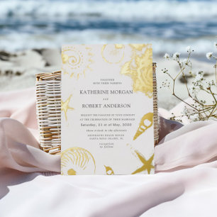 Gouden schelpen Elegante trouwfolie uitnodiging