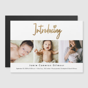 Gouden Schrift Introductie Aangepaste 3 foto Baby Magnetische Uitnodiging