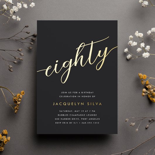 Gouden Script 80ste Verjaardagsfeestje Folie Uitnodiging