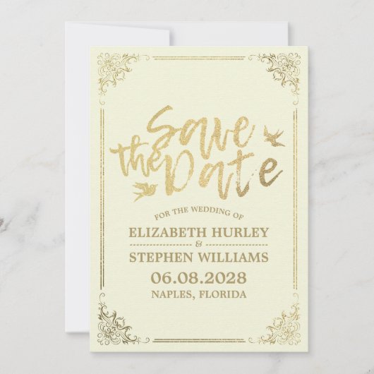 Gouden script bloem kader Save The Date Trouwen (Voorkant)