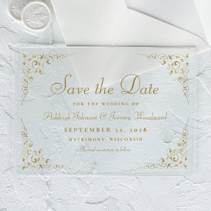 Gouden script botanisch kader trouwkaart save the  acryl uitnodigingen