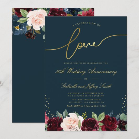 Gouden Script Bourgondische marine 50e trouwdag Kaart (Voorkant / Achterkant)