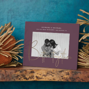 gouden script één foto save the date verlovingskaa fotoplaat