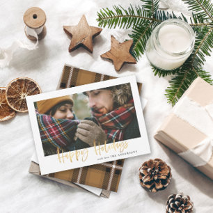 Gouden script gelukkig kerstmis mosterd tartan 1 f feestdagenkaart