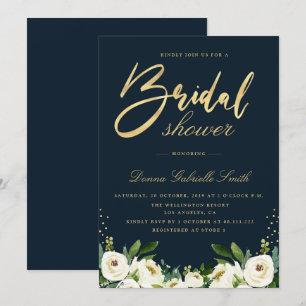 Gouden Script Ivoor Wit Bloemen Navy vrijgezellenf Kaart