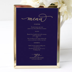 Gouden script Navy blauwe huwelijksmenu bord Poster