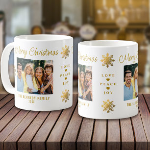 Gouden Script Prettig Kerstfeest Sneeuwvlok Famili Koffiemok