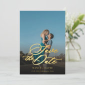 Gouden Script Qr Code Foto Huwelijk Save The Date (Staand voorkant)