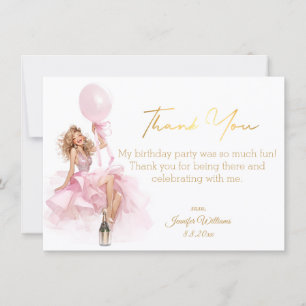 Gouden Script Roze Jurk Meisje Verjaardag Bedankt Notitiekaartje