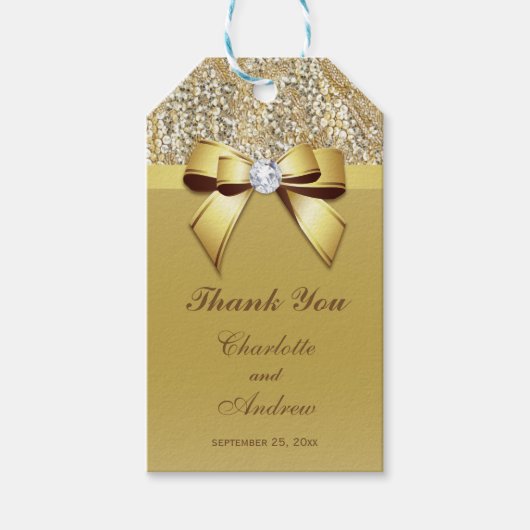 Gouden Sequins Bow Diamond Bruiloft Cadeaulabel (Voorkant)