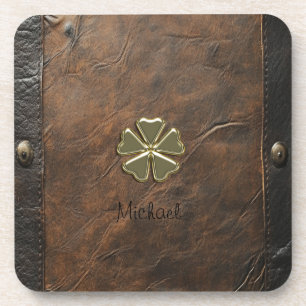 Gouden Shamrock St.Patrick`s Day,Bruin Leer Bier Onderzetter
