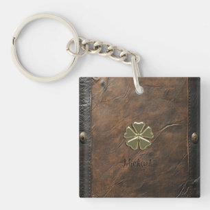 Gouden Shamrock St.Patrick`s Day,Bruin Leer Sleutelhanger