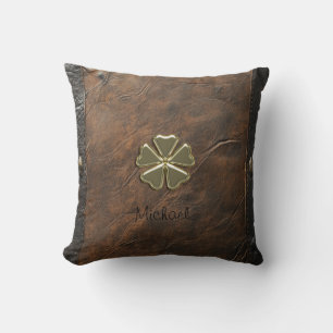 Gouden Shamrock St. Patrick's Day, Bruin leer Kussen