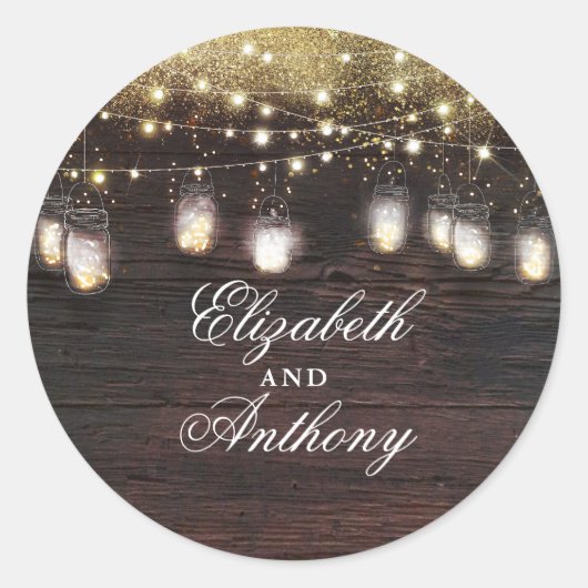 Gouden Shimmer en Mason Jar Lights Rustiek Ronde Sticker (Voorkant)