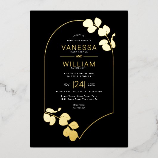 Gouden sieraden geïnspireerd lijst en bladeren bru folie uitnodiging (Voorkant)