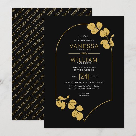 Gouden sieraden geïnspireerd lijst en bladeren bru kaart (Voorkant / Achterkant)