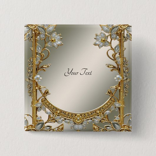 Gouden Sierlijke Witte Bloem Knop Vierkante Button 5,1 Cm (Voorkant)