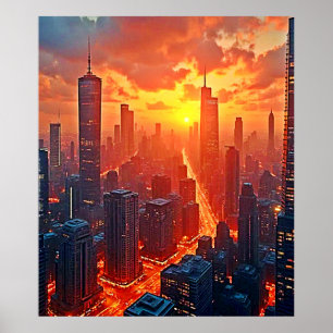 Gouden Silhouet: Stralende Stads Zonsondergang Kun Poster