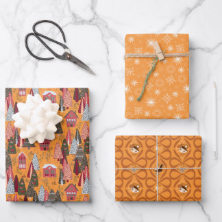 Gouden Sinaasappel Kerstbos Dorp Vogels Inpakpapier Vel