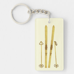 Gouden ski's en palen   Retro Ski Illustration Cre Sleutelhanger