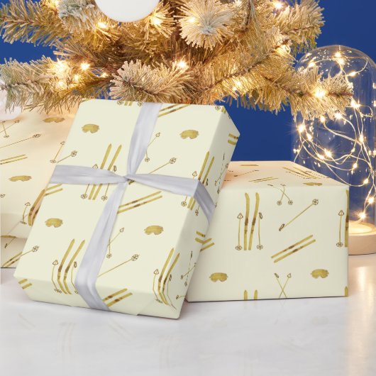 Gouden ski's en palen | Retro Ski Pattern Cream Cadeaupapier (Feestdagen)