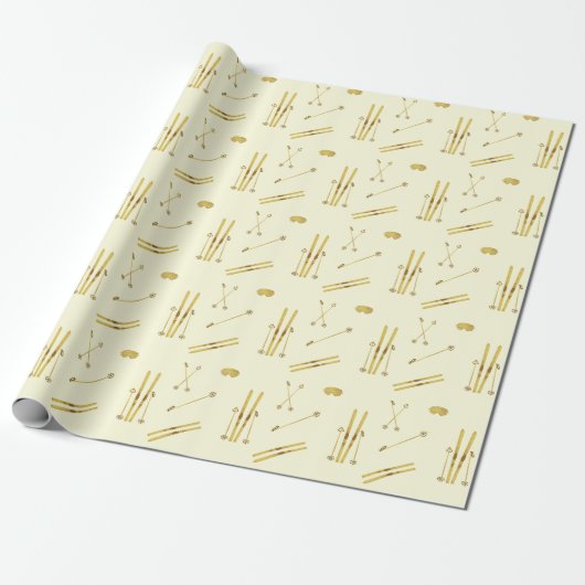 Gouden ski's en palen | Retro Ski Pattern Cream Cadeaupapier (Uitgerold)