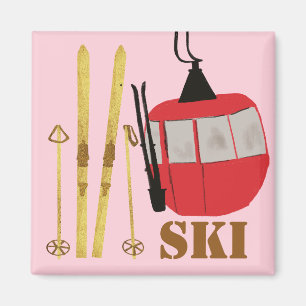 Gouden ski's en palen   Retro skilift Vakantie Roz Magneet