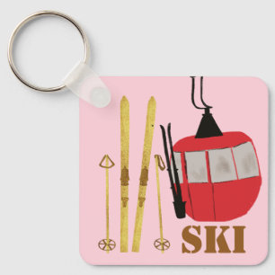Gouden ski's en palen   Retro skilift Vakantie Roz Sleutelhanger