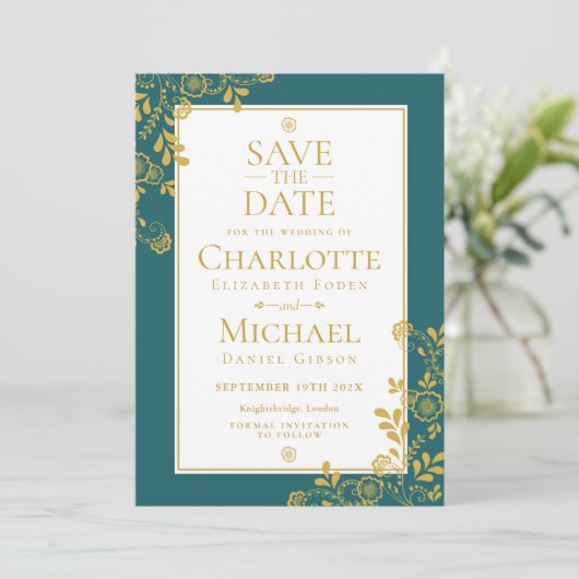 Gouden Smaragd Victoriaanse Bloemensluiers Bewaar Save The Date (Staand voorkant)