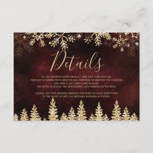 Gouden sneeuw pijnboom rood Kerstmis winter detail Informatiekaartje (Voorkant)