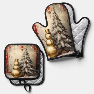Gouden Sneeuwman Kerstboom Ovenwant & Pannenlap Set