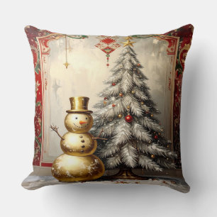 Gouden Sneeuwman Kerstboom Vakantie Kussen