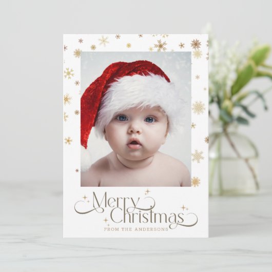 Gouden sneeuwvlok op witte achtergrond Kerstmis Fo Feestdagenkaart (Staand voorkant)