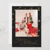 Gouden Sneeuwvlok Op Zwarte Achtergrond Kerst Foto Feestdagenkaart (Voorkant)