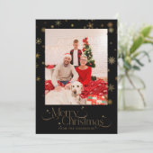 Gouden Sneeuwvlok Op Zwarte Achtergrond Kerst Foto Feestdagenkaart (Staand voorkant)