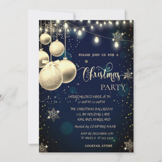 Gouden Sneeuwvlokken, Ballen, Lichten Blauw Kerstm Kaart (Voorkant)