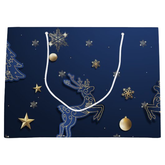 Gouden Sneeuwvlokken Blauwe Kerstboom Rendieren Groot Cadeauzakje (Voorkant)