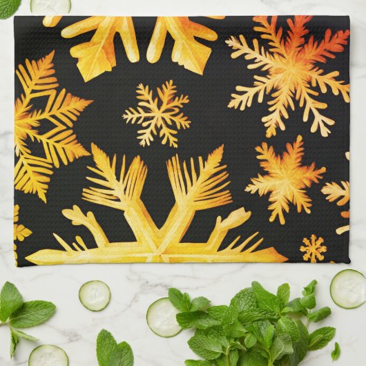 Gouden Sneeuwvlokken en zwarte achtergrondkleur Theedoek (Gevouwen)